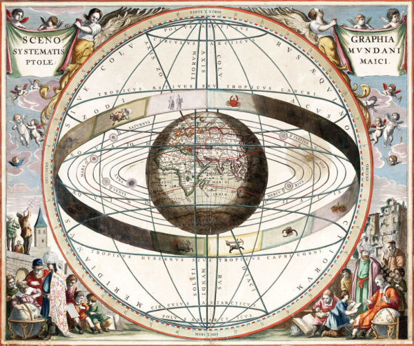 Chart showing signs of the zodiac and the solar system with world at centre. From Andreas Cellarius Harmonia Macrocosmica, 1660/61. Image credit: Loon, J. van (Johannes), ca. 1611-1686.