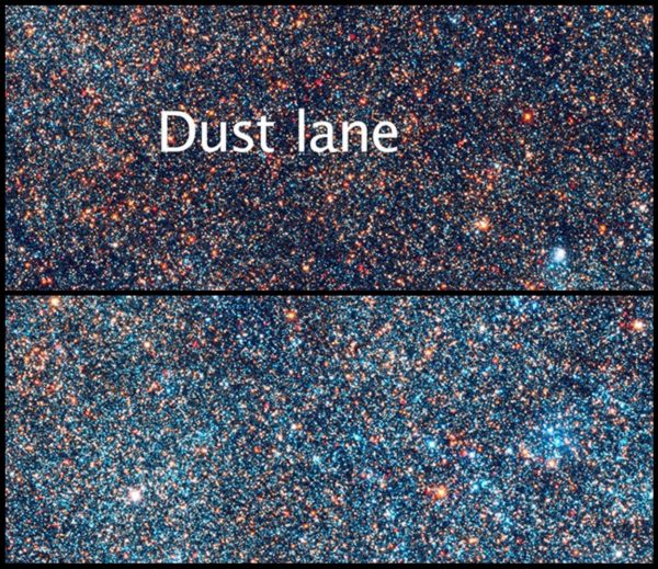 The stars visible in the Andromeda galaxy, in a dust-rich region and a dust-poor region. Images credit: Illustration Credit: NASA, ESA, and Z. Levay (STScI/AURA); Science Credit: NASA, ESA, J. Dalcanton, B.F. Williams, and L.C. Johnson (University of Washington), and the PHAT team, of a dusty region (top) and a relatively dust-free region (bottom).