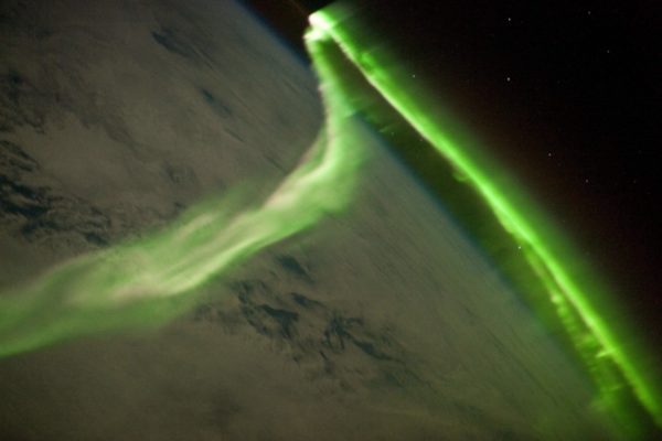 The atmospheric effects of the aurorae, as seen from space. Image credit: NASA / ISS expedition crew 23.