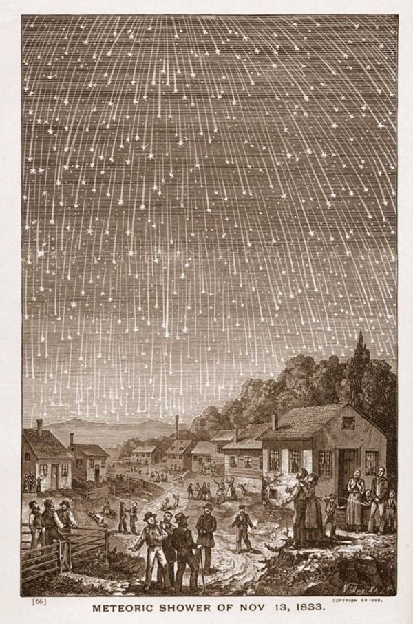 The great meteor storm of 1833. This storm repeats roughly every 33 years. Image credit: Adolf Vollmy, engraving from 1889, public domain.