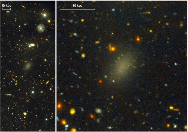 An image of galaxy Dragonfly 44, recently discovered to have the largest offset between normal matter and dark matter of any known, large galaxy. Image credit: Pieter van Dokkum, Roberto Abraham, Gemini Observatory/AURA.