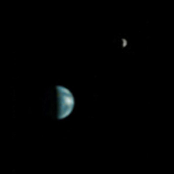 The Earth and Moon, together, as captured from Mars in 2003. Image credit: NASA / JPL-Caltech / Mars Global Surveyor.