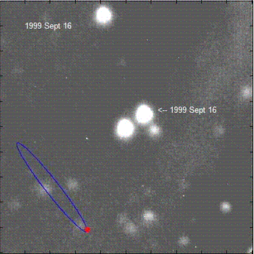 This movie shows the star VB 10 moving across the sky over a period of nine years. The blue ellipse shows the (magnified) orbit of the unconfirmed planet VB 10 b (red dot) and its movement relative to the star. Image credit: NASA / JPL-Caltech / Palomar.