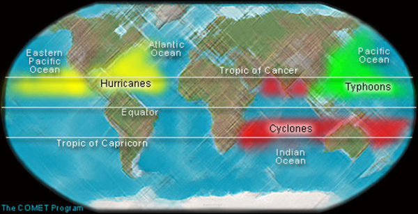 The locations of hurricanes, typhoons and cyclones. Image credit: The COMET program from The University Corporation for Atmospheric Research.