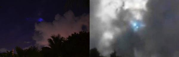 The "blue light" phenomenon photographed in two different location. Courtesy of this insane website: http://www.educatinghumanity.com/2013/08/blue-light-ufo-miami-florida.html.