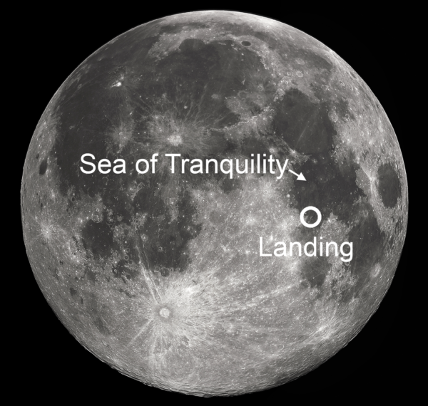 The Apollo 11 landing site, as you'd see it on the full Moon. Image credit: Wikimedia Commons user Soerfm.