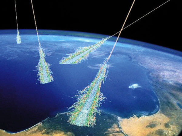 Cosmic rays shower particles by striking protons and atoms in the atmosphere, but they also emit light due to Cherenkov radiation. Image credit: Simon Swordy (U. Chicago), NASA.