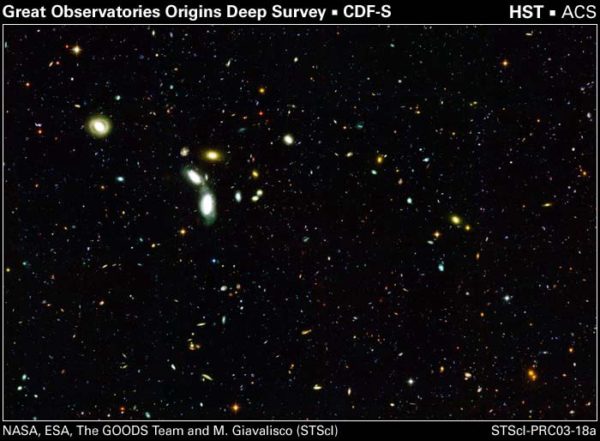 A deep field of distant galaxies, which are all receding from us and getting ever-closer to unreachable. Some of them have already crossed that threshold. Image credit: NASA, ESA, the GOODS Team and M. Giavalisco (STScI).