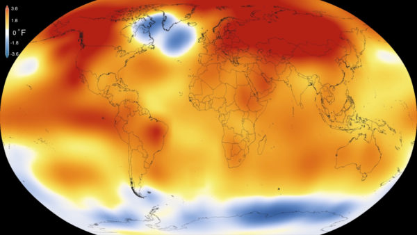 The global temperature anomaly for the year 2015, the hottest year on record until 2016 ends and breaks it. Image credit: NSA/GSFC/Scientific Visualization Studio.