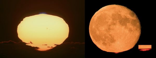 The rising or setting Sun (or Moon) can produce an image of greener or even bluer light atop it (L) and redder light beneath it (R), due to the minuscule refractive effects of Earth's atmosphere. Images credit: Mario Cogo (L) and Stefan Seip (R).