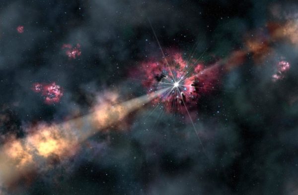 An artist's impression of a gamma-ray burst illuminating its host galaxy. Image credit: Gemini Observatory / AURA / Lynette Cook.