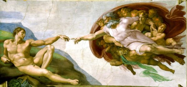 A famous depiction of the creation of man. Image credit: Michelangelo, Sistine Chapel ceiling, via Wikimedia Commons.