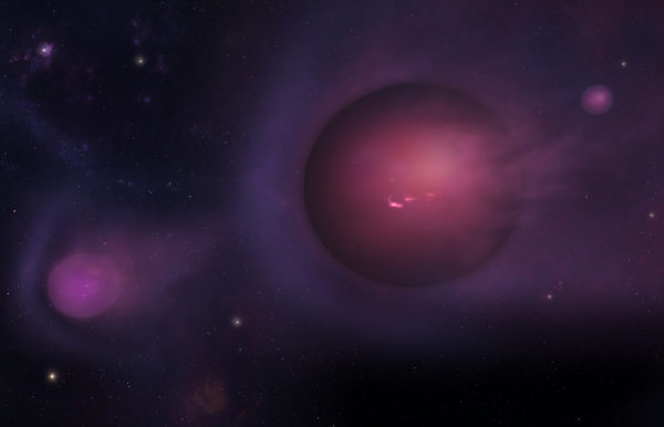 This artist’s conception portrays a collection of planet-mass objects that have been flung out of the galactic center at speeds of 20 million miles per hour (10,000 km/s). These cosmic “spitballs” formed from fragments of a star that was shredded by the galaxy’s supermassive black hole. Image credit: Mark A. Garlick/CfA.