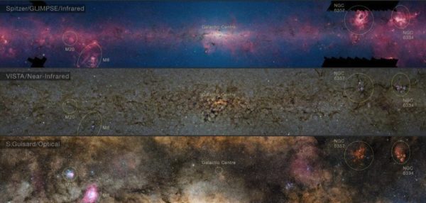 The mid-infrared, near-infrared and visible light images of the galactic center. Note how many more of the stars are visible in the infrared than the visible. Image credit: ESO / ATLASGAL Consortium / NASA / GLIMPSE Consortium / VVV Survey / ESA / Planck / D. Minniti / S. Guisard / Ignacio Toledo / Martin Kornmesser.
