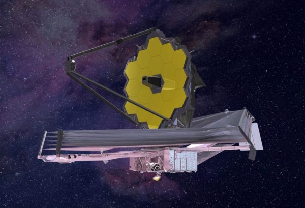An artist's conception (2015) of what the James Webb Space Telescope will look like when complete and successfully deployed. Note the five-layer sunshield protecting the telescope from the heat of the Sun. Image credit: Northrop Grumman.