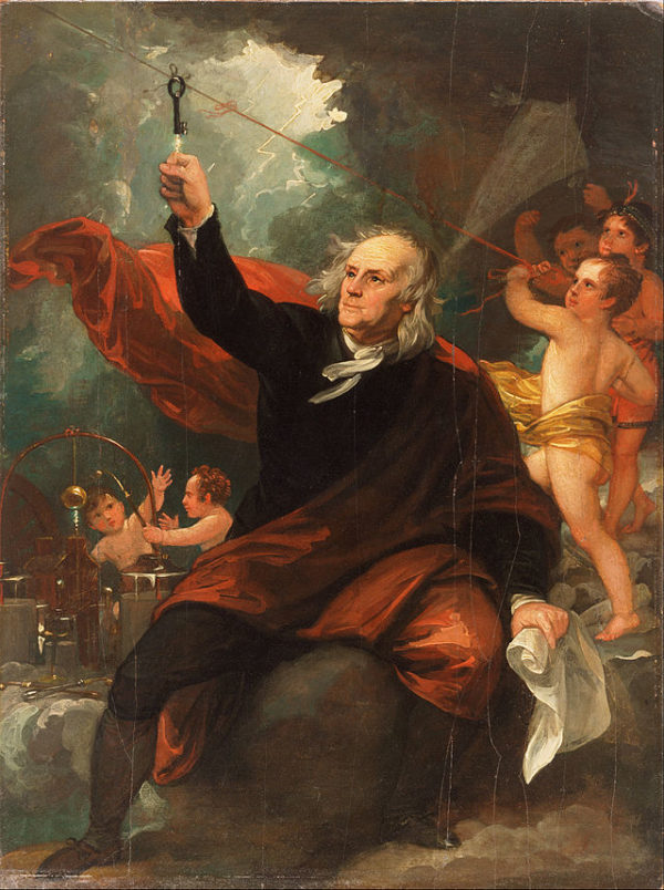 An artistic rendition of Benjamin Franklin drawing electricity from the sky at the Philadelphia Museum of Art. Image credit: Benjamin West, c. 1816.