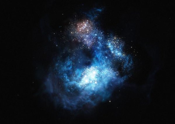 An illustration of CR7, the first galaxy detected that's thought to house Population III stars: the first stars ever formed in the Universe. JWST will reveal actual images of this galaxy and others like it. Image credit: ESO/M. Kornmesser.