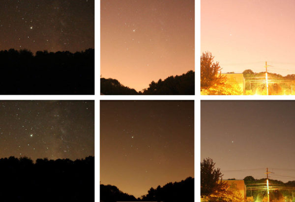 What a digital camera (top) and the human eye (bottom) sees from dark sky locations rating a 4, 6 and 9 on the Bortle scale, respectively. Image credit: Tony Flanders of Cloudy Nights, via http://www.cloudynights.com/topic/306632-illustrated-with-real-images-bortle-scale/.