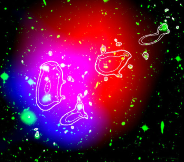 Hubble Space Telescope optical image (green), mass map (Limousin et al 2012; contours), and CSO/Bolocam 140 GHz (red) and 268 GHz (blue) maps of the galaxy cluster MACS J0717+3745. The lack of 268 GHz signal at subcluster B (second large concentration from upper right) is due to the kinetic Sunyaev-Zeldovich effect. Image credit: P. Korngut.