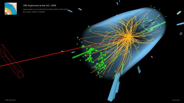 A Higgs boson event as seen in the Compact Muon Solenoid detector at the Large Hadron Collider. This one high-energy collision illustrates the power of energy conversion, which always exists in the form of particles. Image credit: CERN / CMS Collaboration.