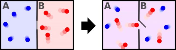 A system set up in the initial conditions on the left and let to evolve will become the system on the right spontaneously, gaining entropy in the process. Image credit: Wikimedia Commons users Htkym and Dhollm.