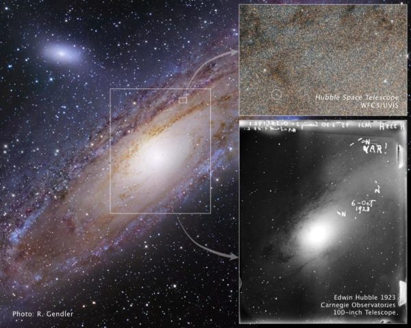 The star in the great Andromeda Nebula that changed our view of the Universe forever, as imaged first by Edwin Hubble in 1923 and then by the Hubble Space Telescope nearly 90 years later. Note, also, that the galaxy has not rotated at all in that time. Image credit: NASA, ESA and Z. Levay (STScI) (for the illustration); NASA, ESA and the Hubble Heritage Team (STScI/AURA) (for the image).