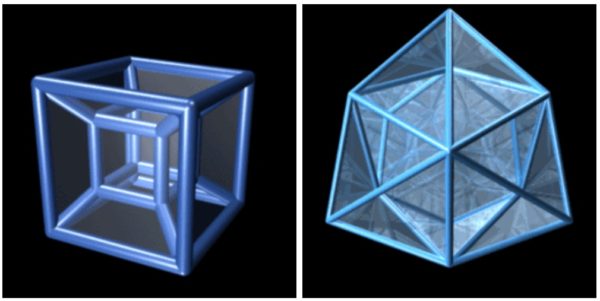 The four-dimensional analogue of a 3D cube is an 8-cell (left); the 24-cell (right) has no 3D analogue. Extra dimensions bring with them extra possibilities. Image credit: Jason Hise with Maya and Macromedia Fireworks.