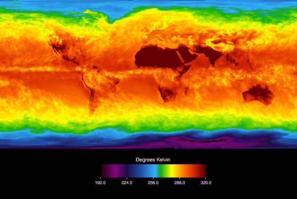 The Atmospheric Infrared Sounder (AIRS) instrument aboard NASA’s Aqua satellite senses temperature using infrared wavelengths. This image shows temperature of the Earth’s surface or clouds covering it for the month of April 2003. The scale ranges from -81 degrees Celsius (-114° Fahrenheit) in black/blue to 47° C (116° F) in red. Higher latitudes are increasingly obscured by clouds, though some features like the Great Lakes are apparent. Northernmost Europe and Eurasia are completely obscured by clouds, while Antarctica stands out cold and clear at the bottom of the image. Image credit: NASA AIRS.