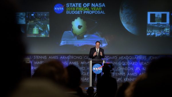 Acting NASA Administrator Robert Lightfoot discusses the proposed 2018 budget put forth by the White House during an address on the State of NASA. Image credit: Bill Ingalls/NASA.
