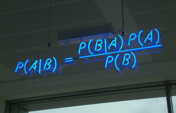 One of the most fundamental and useful rules in probability is Bayes' theorem, mathematically expressed in blue neon at the offices of Autonomy in Cambridge. Image credit: mattbuck of Wikimedia Commons.