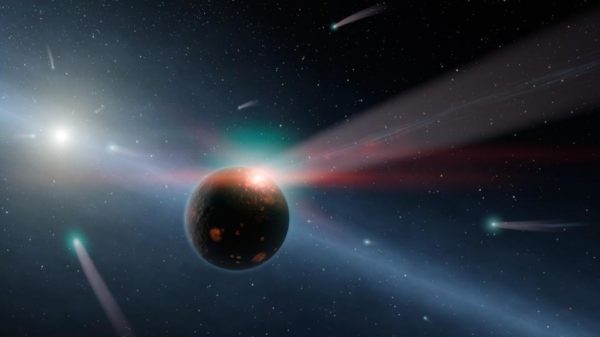 An illustration of a storm of comets around a star near our own, called Eta Corvi. The comet scenario is one explanation for the dimming around Tabby's star, one that a high-quality astronomical spectrum should be able to validate or rule out. Image credit: NASA / JPL-Caltech.