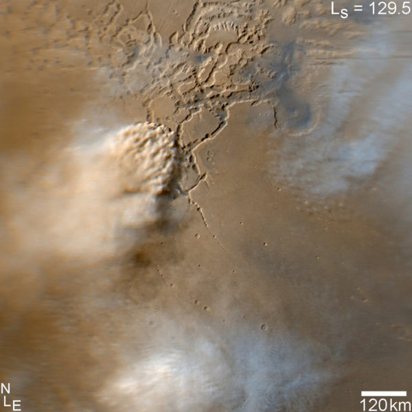 A dust storm on Mars, a common occurrence during the Martian summers. These storms were first discovered by the Mariner 9 mission in 1971. Image credit: NASA/JPL-Caltech/MSSS, from Mars Reconnaissance Orbiter.