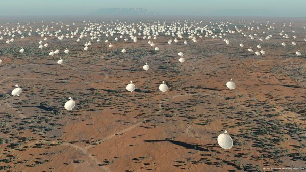 The Square Kilometer Array will, when completed, be comprised of an array of thousands of radio telescopes, capable of seeing farther back into the Universe than any observatory that has measured any type of star or galaxy. Image credit: SKA Project Development Office and Swinburne Astronomy Productions.