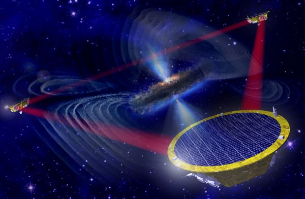 An artist's impression of the three LISA spacecraft shows that the ripples in space generated by longer-period gravitational wave sources should provide an interesting new window on the Universe. Image credit: EADS Astrium.