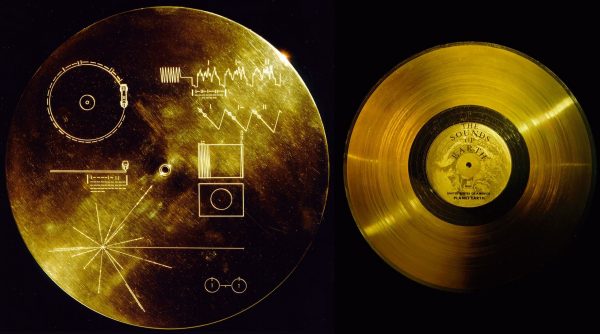 The gold-plated aluminum cover (L) of the Voyager golden record (R) both protects it from micrometeorite bombardment and also provides a key to playing it and deciphering Earth's location. Image credit: NASA.