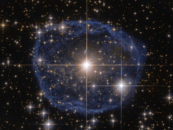This Wolf–Rayet star is known as WR 31a, located about 30 000 light-years away in the constellation of Carina. The outer nebula is expelled hydrogen and helium, while the central star burns at over 100,000 K. Image credit: ESA/Hubble & NASA; Acknowledgement: Judy Schmidt.
