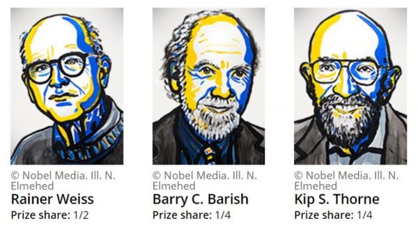 Rainer Weiss, Barry Barish and Kip Thorne are your 2017 Nobel Laureates in physics. Image credit: © Nobel Media AB 2017.